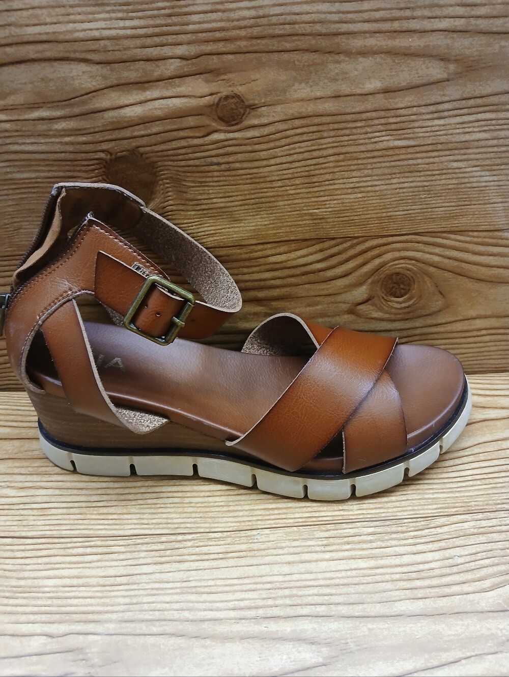 MIA Brown Leather Crisscross Ankle Strap Sandal